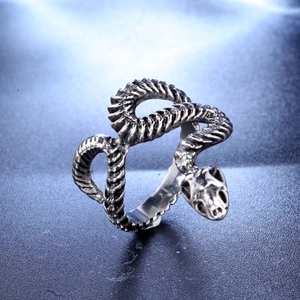 Vintage stainless steel dragon snake ring for men with detailed scales in silver finish