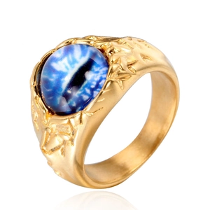 Vergoldeter Edelstahlring mit blauem bösen Blick Stein und Relief im Punk-Stil