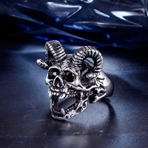 Bague punk en acier inoxydable pour homme avec crâne de bélier gothique et pierres