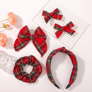 Lot de 5 accessoires de cheveux à carreaux rouges avec nœuds, chouchou et serre-tête