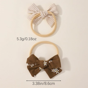 Set of 2 elastic nylon baby headbands with striped and daisy embroidery floral bows