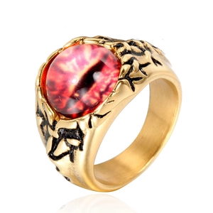 Gotischer Edelstahlring für Herren mit rotem Drachenauge und goldenem Vintage-Oberfläche