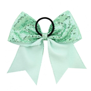 Sparkling 8 inch mint green sequined hair bow with double layer tails and elastic band
