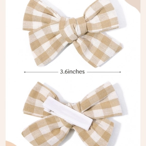3.6-inch khaki plaid bow hair clip with cotton fabric texture and wrapped metal clip