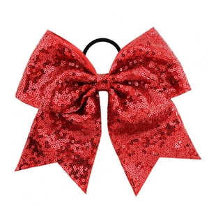 8 inch large red sequined bow hair tie with elastic band for girls and children