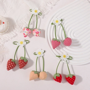 Five pairs of handmade cotton strawberry accessories with floral patterns and daisy embroidery
