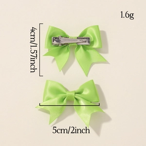 Set of 6 mini solid color bow hair clips for girls in fluorescent green satin ribbon