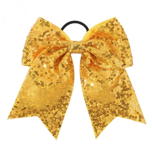 8 inch bright yellow sequin cheerleader bow hair tie with elastic rubber band