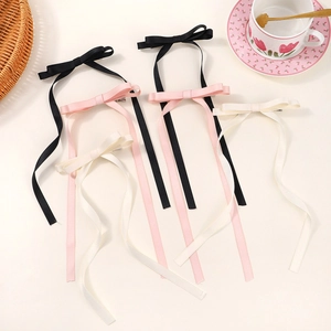 Solid Color Ribbon Bow Hair Clip With Long Streamer Polyester Cotton Handmade Duckbill Clip For Kids Girls Elegant Hair Accessories