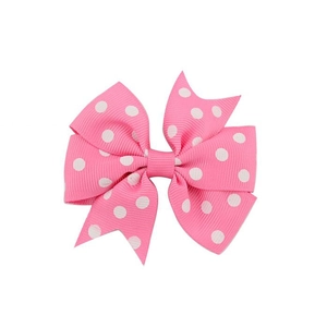 Pink ribbon bow hair clip with white polka dots for girls, cute ribbed fabric headwear