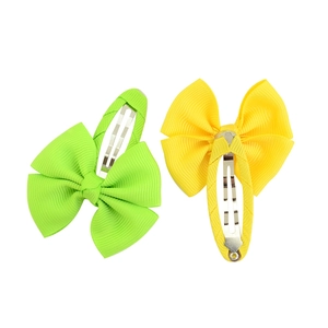 Kids grosgrain ribbon bow hair clips set in neon green and bright yellow colors