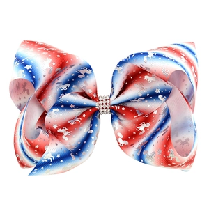 Large Grosgrain Ribbon Bow Hair Clip For Girls Colorful Gradient Unicorn Star Pattern Rhinestone Center Embellished Hairpin Kids Hair Accessories