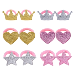 Set of 12 glittery crown heart and star hair ties for girls in gold and pink