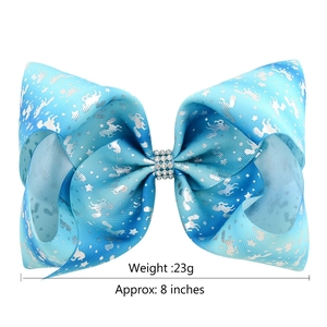 8-inch gradient blue unicorn hair bow with silver stars and rhinestone center for girls