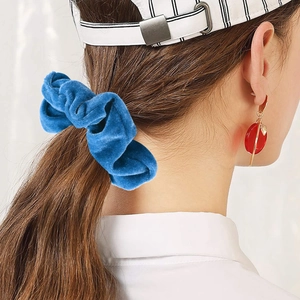 Blue velvet scrunchie tie for women, elastic hair accessory on ponytail