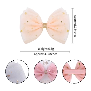 Pink tulle bow hair clip with gold stars showing dimensions 4.3 inches and weight 6.3g