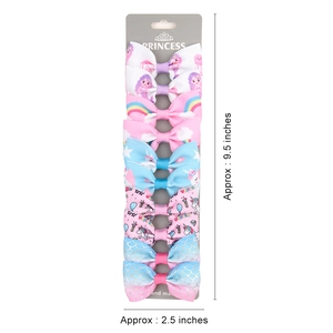 Set di 6 fiocchi per capelli colorati con motivi arcobaleno, unicorno e sirena per bimba