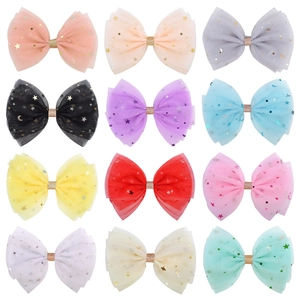 Dreamy Tulle Bow Hair Clip For Women Girls Star Moon Sequin Pattern Glitter Mesh Hair Accessories Metal Duckbill Clip Headwear