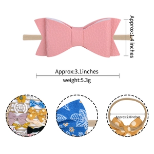 Detailed size specifications for a soft pink baby bow headband with nylon elastic strap