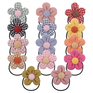 Handmade Fabric Flower Hair Ties Corduroy Plaid Elastic Ponytail Holders Colorful Hair Accessories For Kids Girls Daily Wear