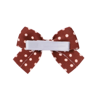 Coffee brown fabric bow hair clip with white polka dots and cloth-wrapped safety metal clip