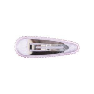 Detail of pink fabric-wrapped snap hair clip with wavy stitching for girls
