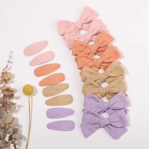 Floral cotton bow hair clips and teardrop barrettes set for girls in pastel colors