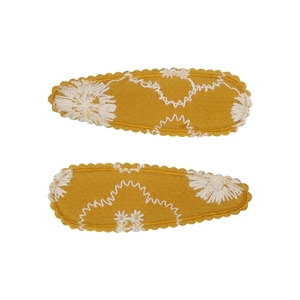 Floral embroidered fabric BB hair clips in warm yellow for girls and kids 2-piece set