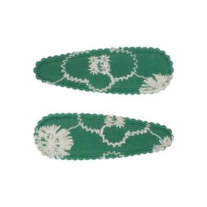 Floral embroidered fabric BB hair clips in vintage green, two-piece set for girls