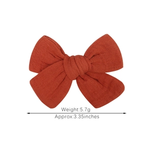 Linen rust red bow hair clip for babies and girls, handmade 3.35 inch hair accessory