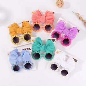 Kinder Sonnenbrille Und Stirnband Set Gänseblümchen Runde Brille Hohl Schleife Kopfband Kleinkind Mädchen Sommer Outdoor Accessoire Set