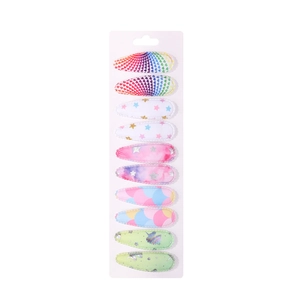 Set of 10 teardrop fabric BB clips with colorful rainbow and unicorn prints for girls