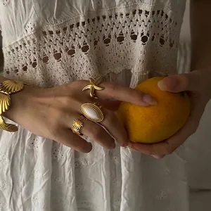 Bague Ouverte Vintage en Acier Inoxydable Plaqué Or 18k Agate Blanche Marquise Texture de Corde Géométrique Ajustable Bijoux pour Femmes
