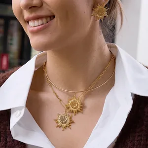 Stainless Steel Sun Moon Pendant Necklace Earrings For Women Vintage Gold Plated Rhinestone Jewelry Bohemian Accessories