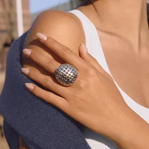 Stainless Steel Hollow Out Dome Ring For Women Geometric Honeycomb Mesh Wide Band Statement Ring Gold Silver Plated Jewelry