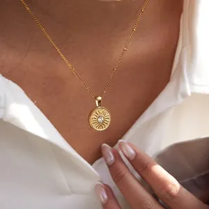 18K Gold Plated Stainless Steel Sun Pendant Necklace For Women Bohemian Zirconia Star Moon Satellite Chain Light Luxury Jewelry