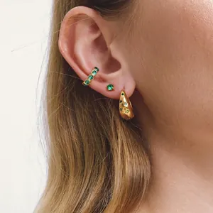 Boucles d'Oreilles Créoles Chunky en Acier Inoxydable pour Femmes Plaqué Or Strass Motif Étoile Bijoux Mode