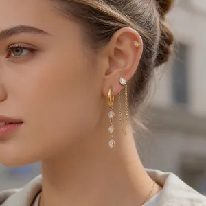 Stainless Steel Rhinestone Tassel Stud Earrings Set Geometric Light Luxury Drop Earrings For Women Fashion Jewelry Accessory