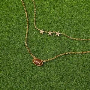 Collana Doppio Strato in Acciaio Inossidabile Placcato Oro Ciondolo Football Americano Stella Strass Gioielli Moda Donna