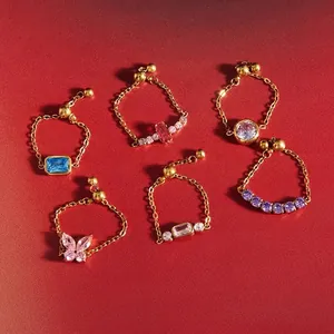 Stainless Steel Adjustable Chain Ring For Women PVD Gold Plated Waterproof Rhinestone Butterfly Geometric Finger Ring Jewelry