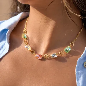 Collana in Acciaio Inossidabile con Strass Colorati Placcata in Oro PVD Catena a Clavicola con Gemme Geometriche Gioielli da Donna