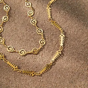 Stainless Steel Fishbone Spiral Wave Pendant Necklace For Women Gold Plated Summer Beach Vacation Fashion Clavicle Chain Jewelry