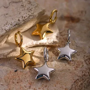 Boucles d'Oreilles Créoles Minimalistes en Acier Inoxydable Étoile 3D pour Femmes Plaquées Or 16K Argent Bijoux Géométriques