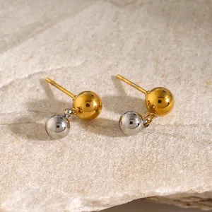 Boucles d'Oreilles Puces Minimalistes en Acier Inoxydable Bicolore Or Argent Sphériques Rondes pour Femme Bijoux de Mode Géométriques