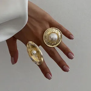 Exaggerated 18K Gold Plated Stainless Steel Artificial Pearl Ring For Women Vintage Rippled Open Adjustable Fashion Jewelry Accessory