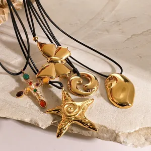 Collana Con Pendente in Acciaio Inossidabile Placcato Oro 18K Per Donna Corda di Cera Nera Farfalla Stella Marina Croce