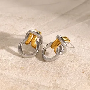 Boucles d'Oreilles Clous Nœud en Acier Inoxydable Bicolore Or Argent Boucles d'Oreilles Géométriques pour Femmes Bijoux Hypoallergéniques