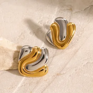 Boucles d'Oreilles Clous Modernes en Acier Inoxydable Bicolore Or et Argent Forme de Vague pour Femmes Étanche Hypoallergénique