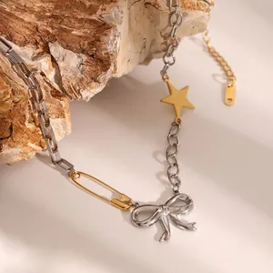 Collar de Acero Inoxidable Bicolor Lazo Estrella Alfiler para Mujer Joyería de Moda Estilo INS Impermeable