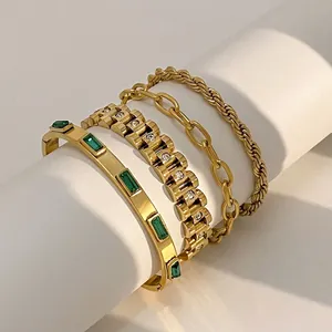 18k Gold Plated Stainless Steel Zirconia Bracelet For Women Green Gemstone Watch Band Link OT Clasp Twist Chain Jewelry